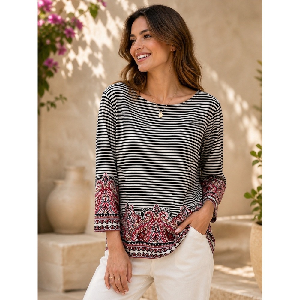 Chico's Women Striped Paisley Border Print 3/4 Sleeve Boat Neck Top Size 2 L